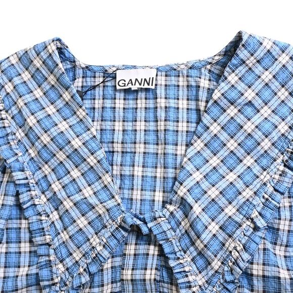 Ganni Checked Seersucker Mini Shirt Dress in Blue Cotton - Picture 5 of 5